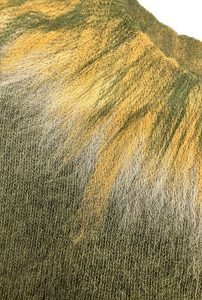 Icelandic Moss sweater from Icelandic wool. Moss green sweater with white and yellow felted applications. Made from Icelandic wool, made in Iceland
