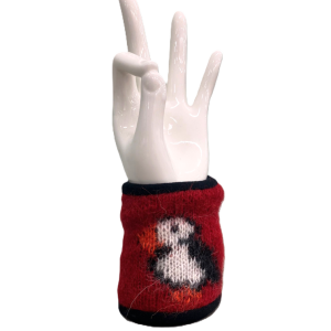Red puffin wrist warmers made from Icelandic wool, lined with black fleece