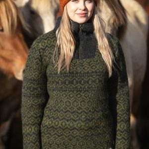 Half-zip sweater with all over pattern in moss green and charcoal black. Made from icelandic wool, made in Iceland - unisex fit