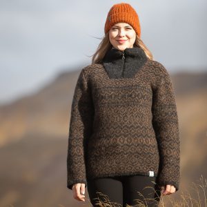Half-zip sweater with all over pattern in brown and charcoal black. Made from icelandic wool, made in Iceland - unisex fit