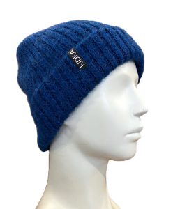 Dark blue wool hat knitted from Fjallalopi Icelandic wool. Rib-knit gives flexibility. Made from Icelandic wool, made in Iceland