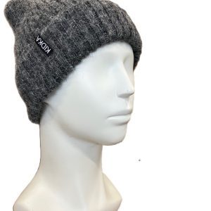 Dark gray wool hat knitted from Fjallalopi Icelandic wool. Rib-knit gives flexibility. Made from Icelandic wool, made in Iceland