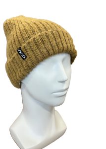 Dark yellow wool hat knitted from Fjallalopi Icelandic wool. Rib-knit gives flexibility. Made from Icelandic wool, made in Iceland