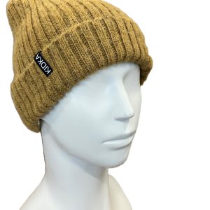 Dark yellow wool hat knitted from Fjallalopi Icelandic wool. Rib-knit gives flexibility. Made from Icelandic wool, made in Iceland