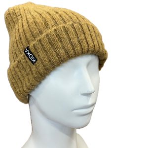 Dark yellow wool hat knitted from Fjallalopi Icelandic wool. Rib-knit gives flexibility. Made from Icelandic wool, made in Iceland