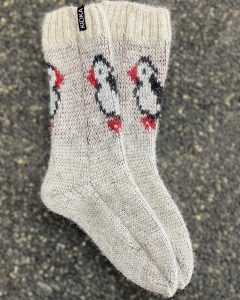 Beige puffin socks with two puffins front and back, made from Icelandic wool, made in Iceland
