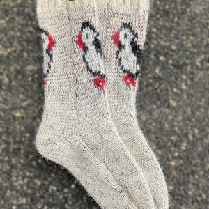 Beige puffin socks with two puffins front and back, made from Icelandic wool, made in Iceland