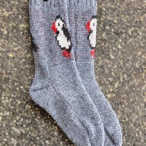 Blue puffin socks with two puffins front and back, made from Icelandic wool, made in Iceland