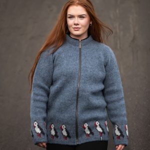 Puffin Cardigan in blue made from Icelandic wool with full-length zipper and fleece lined collar