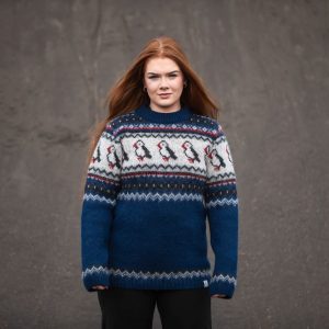Blue puffin sweater made from Icelandic wool and made in Iceland. Available in two different colors.