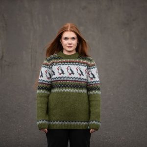 Green puffin sweater made from Icelandic wool and made in Iceland. Available in two different colors.