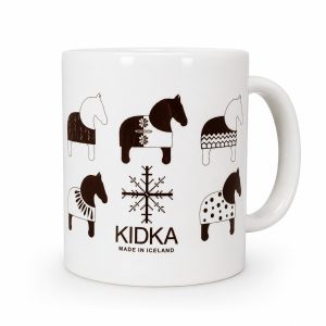 coffee mug with horse print, horses in icelandic sweaters